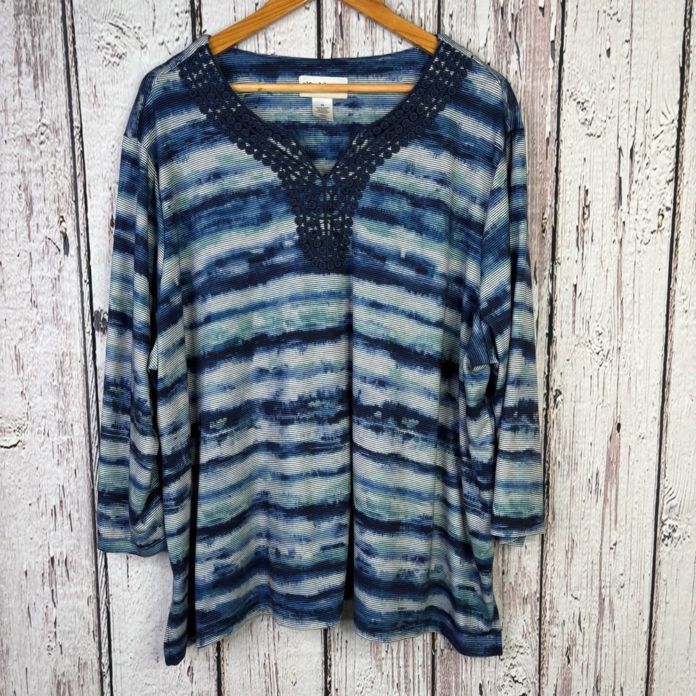 Alfred Dunner Plus Size 3X‎ Women’s Blouse 3/4 Sleeves Blue Multi *Small Flaw*